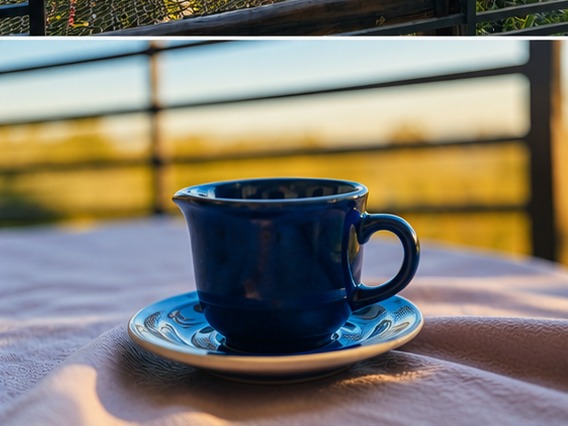 Café da manhã na varanda ao amanhecer